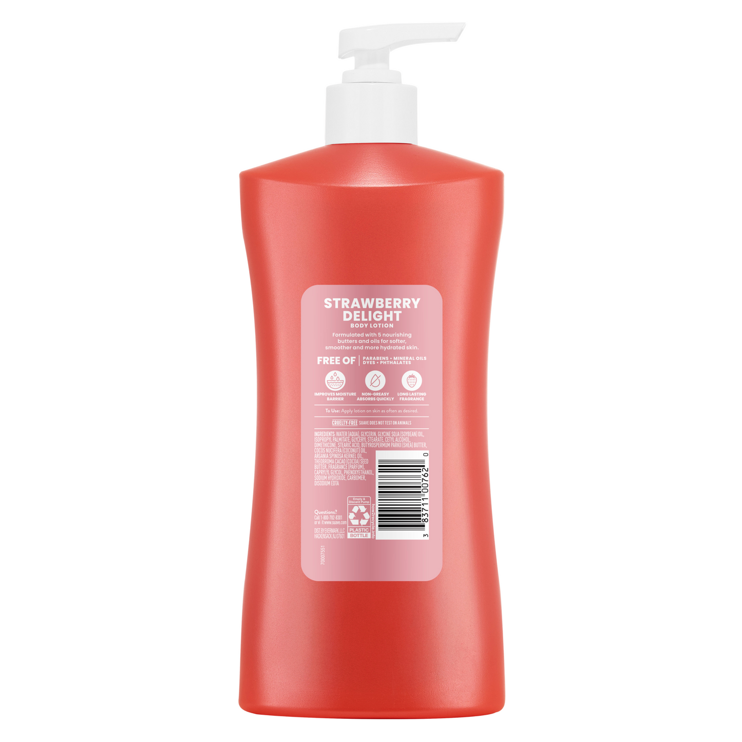 Back view of Strawberry Delight body lotion pump bottle in red