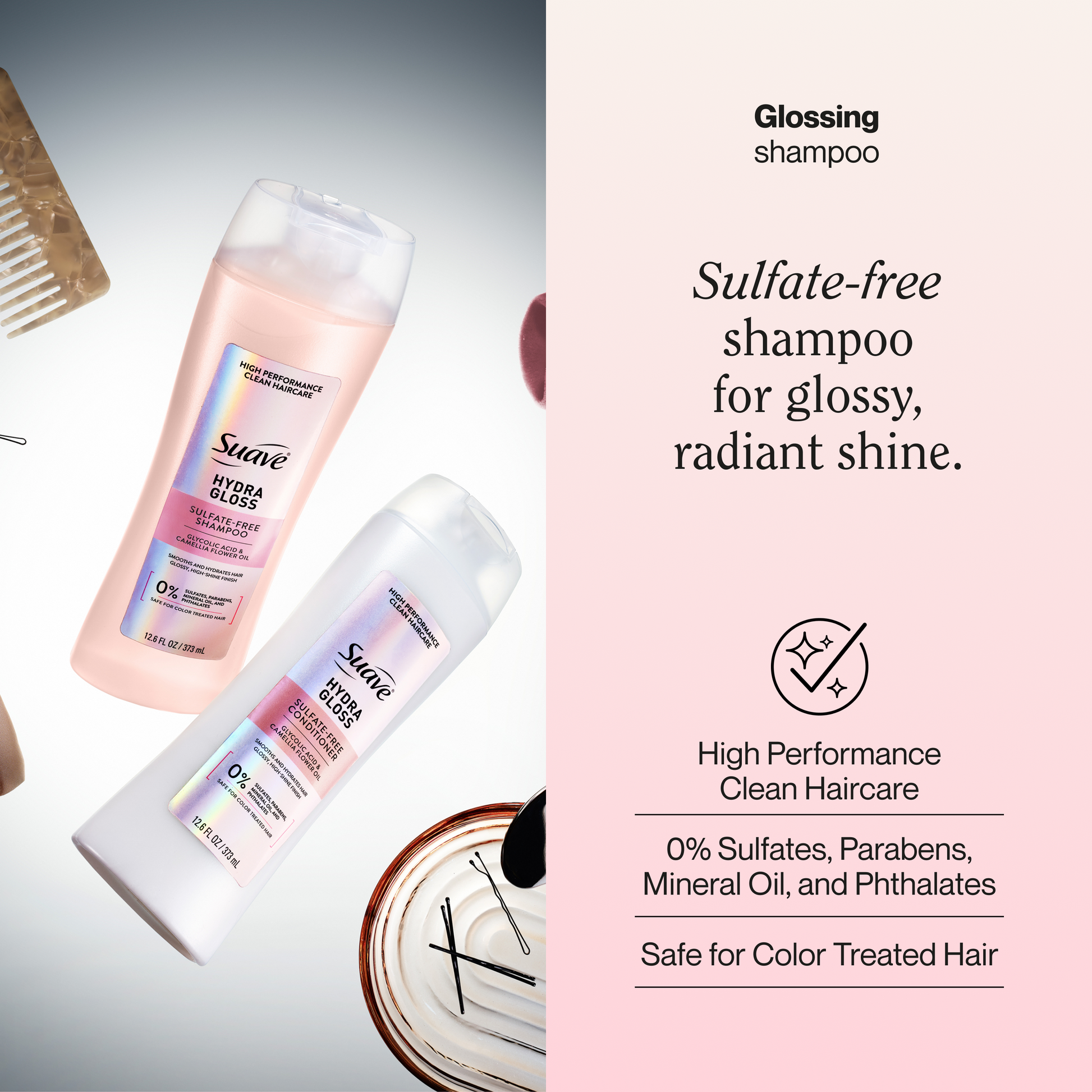 Suave Hydra Gloss Sulfate Free Shampoo with Glycolic Acid & Camellia Flower Oil for Hydrated, Smooth, Glossy Shine