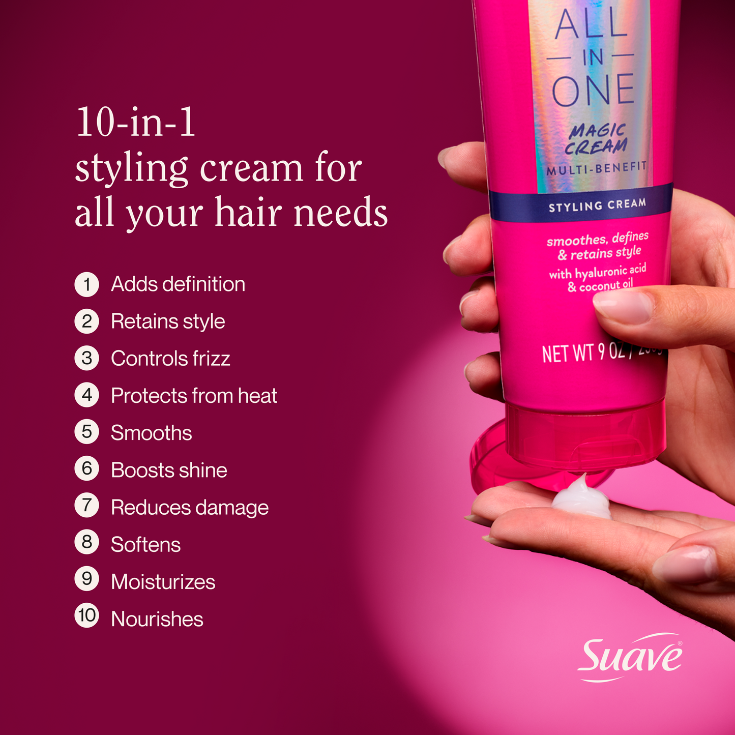
                  
                    Suave All In One Magic Styling Cream For Women, Smooths, Hydrates & Nourishes Hair, Controls Frizz, Boosts Shine, Scented, All Hair Types, 9 OZ
                  
                