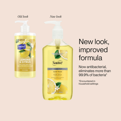 Suave Antibacterial Hand Wash, Fresh Citrus Scent, Kills 99.9% of Bacteria, Gentle & Moisturizing Liquid Soap for Kitchen & Bathroom, 12 FL OZ