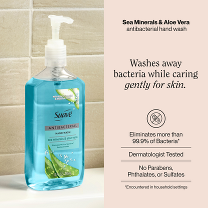 Suave Antibacterial Hand Wash, Sea Minerals & Aloe, Kills 99.9% of Bacteria, Gentle & Moisturizing Liquid Soap for Kitchen & Bathroom, 12 FL OZ