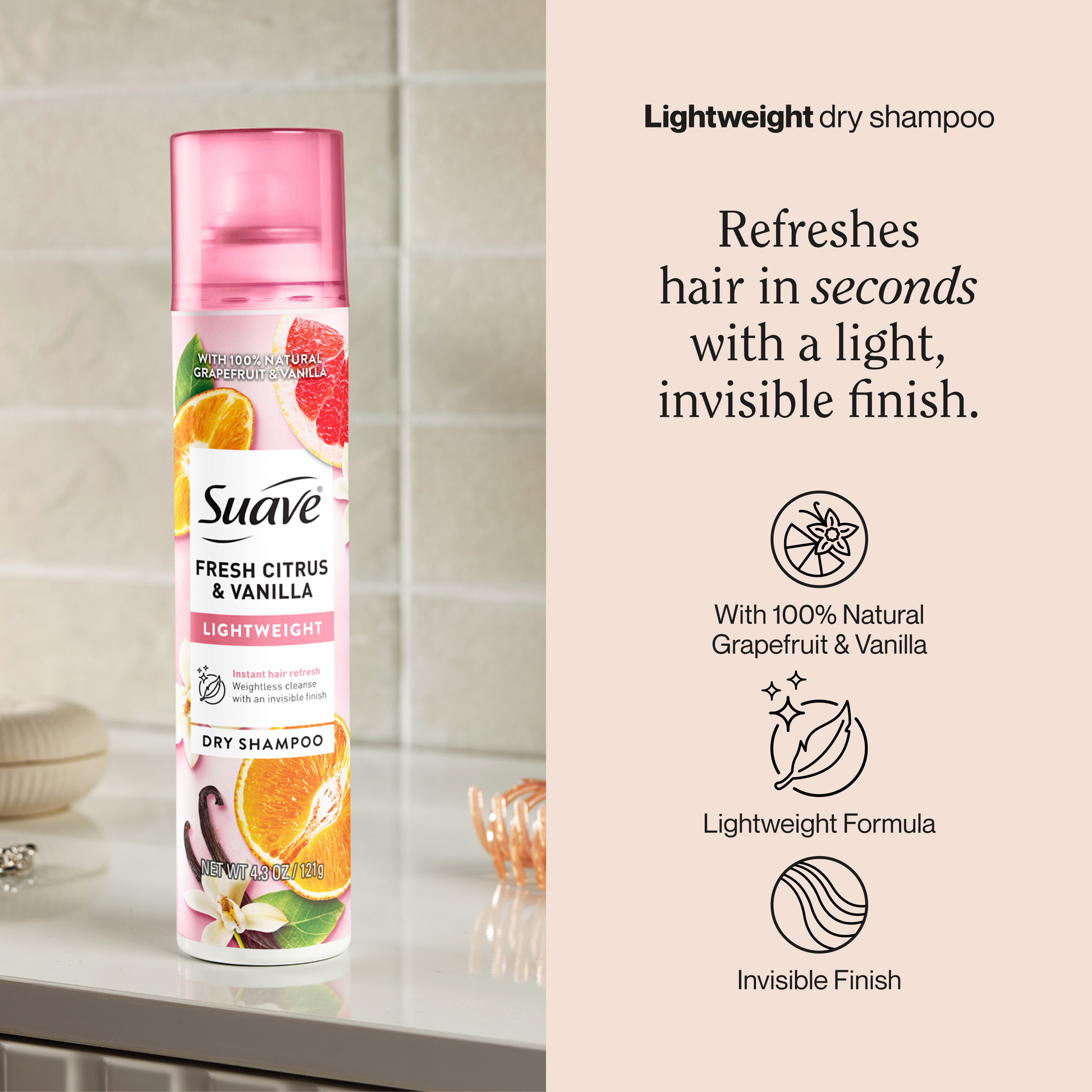 Suave Dry Shampoo For Women, Fresh Citrus & Vanilla, Absorbs Oil & Dirt For Instant Hair Refresh Between Washes, Invisible, Lightweight Finish, 4.3 OZ