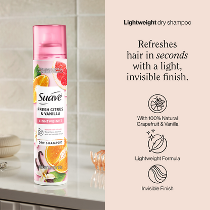 Suave Dry Shampoo For Women, Fresh Citrus & Vanilla, Absorbs Oil & Dirt For Instant Hair Refresh Between Washes, Invisible, Lightweight Finish, 4.3 OZ