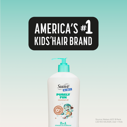 Suave Kids Purely Fun 2 in 1 Shampoo & Conditioner with Coconut Oil, Tear-Free, Hypoallergenic, Paraben & Dye Free, Gentle Hair Care for Kids