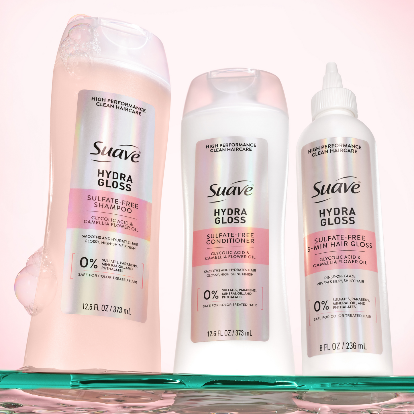 Suave Hydra Gloss Sulfate Free Shampoo with Glycolic Acid & Camellia Flower Oil for Hydrated, Smooth, Glossy Shine