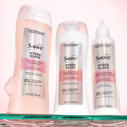 Suave Hydra Gloss Sulfate Free Shampoo with Glycolic Acid & Camellia Flower Oil for Hydrated, Smooth, Glossy Shine
