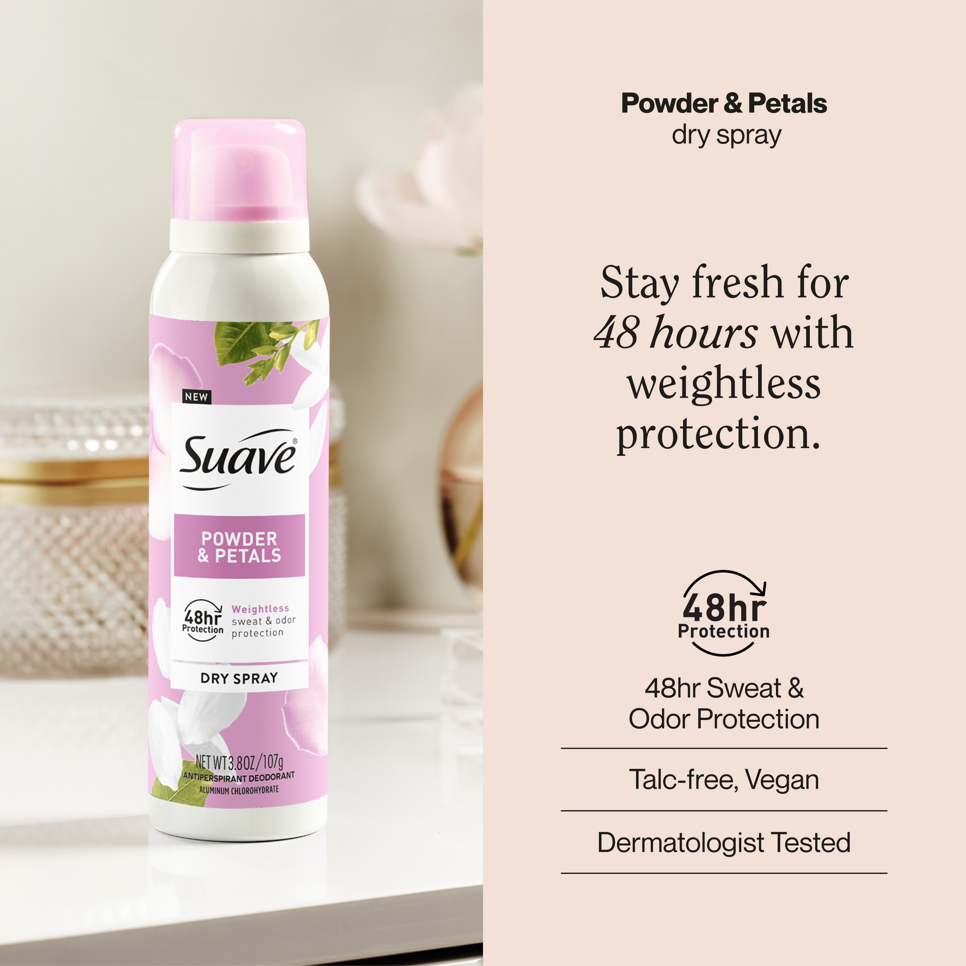 Suave Powder & Petals Dry Spray Antiperspirant Deodorant, 48 HR Weightless Sweat & Odor Protection, Invisible, Talc Free, Wax Free, Vegan, 3.8 OZ