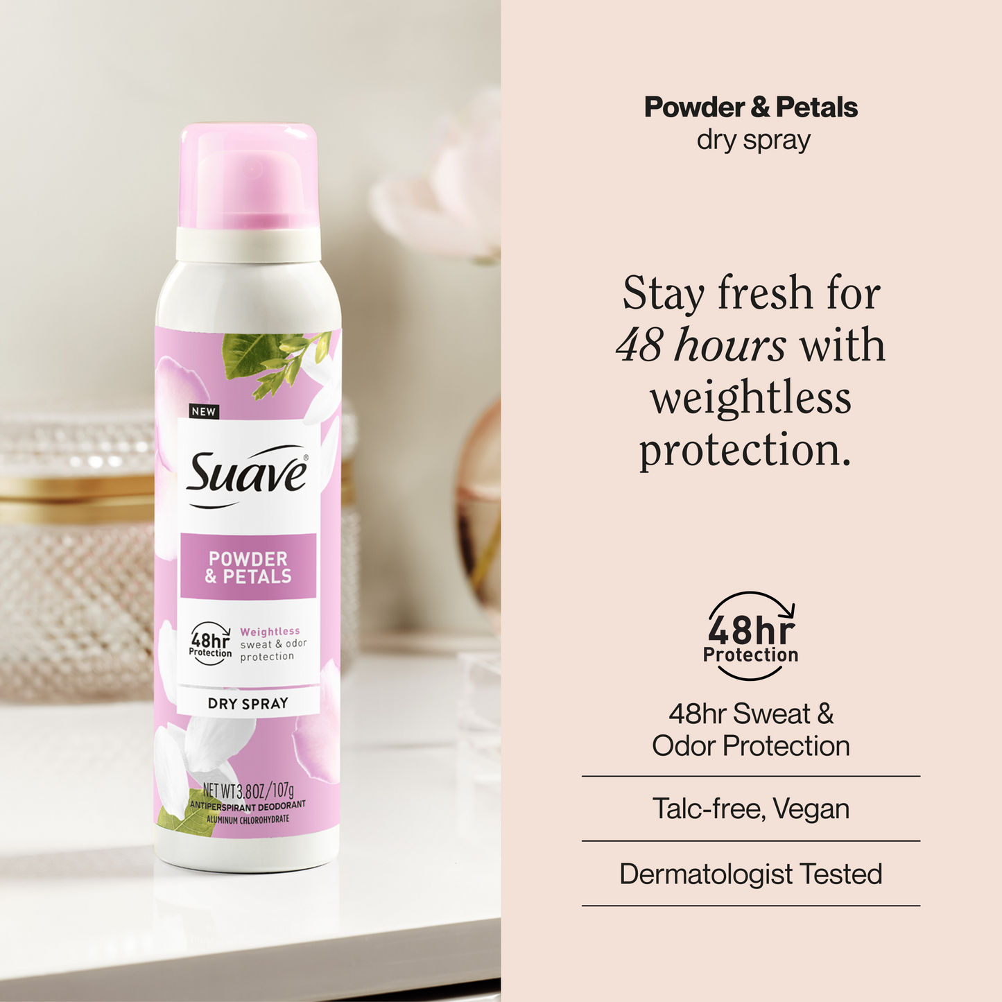 
                  
                    Suave Powder & Petals Dry Spray Antiperspirant Deodorant, 48 HR Weightless Sweat & Odor Protection, Invisible, Talc Free, Wax Free, Vegan, 3.8 OZ
                  
                
