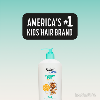Suave Kids Purely Fun 2 in 1 Shampoo & Conditioner with Oat & Honey, Tear-Free, Hypoallergenic, Paraben & Dye Free, Gentle Hair Care for Kids, 18 FL OZ