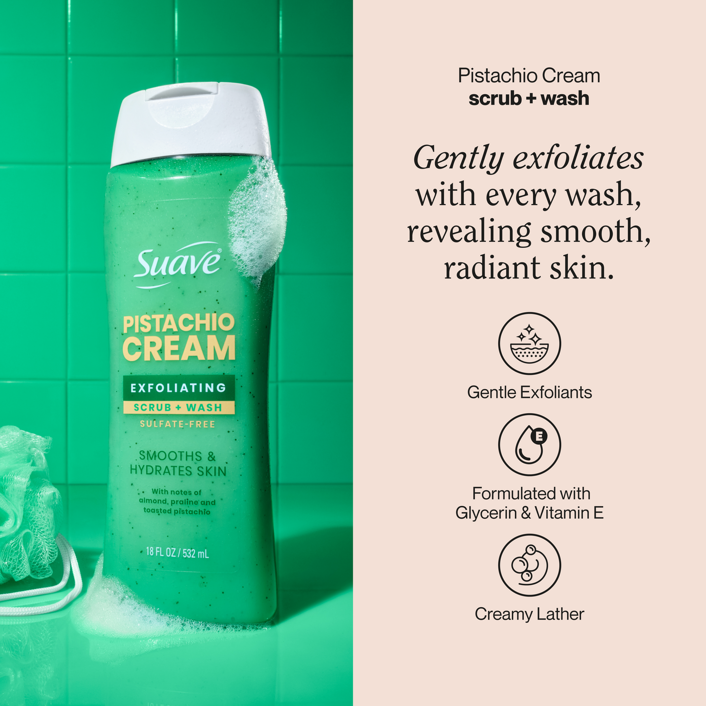 Suave Pistachio Cream Exfoliating Body Wash & Scrub with Glycerin & Vitamin E, Sulfate-Free Hydrating Cleanser for Soft, Smooth Skin, 18 FL OZ
