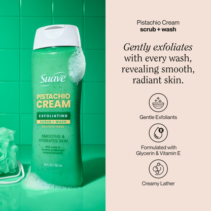 Suave Pistachio Cream Exfoliating Body Wash & Scrub with Glycerin & Vitamin E, Sulfate-Free Hydrating Cleanser for Soft, Smooth Skin, 18 FL OZ