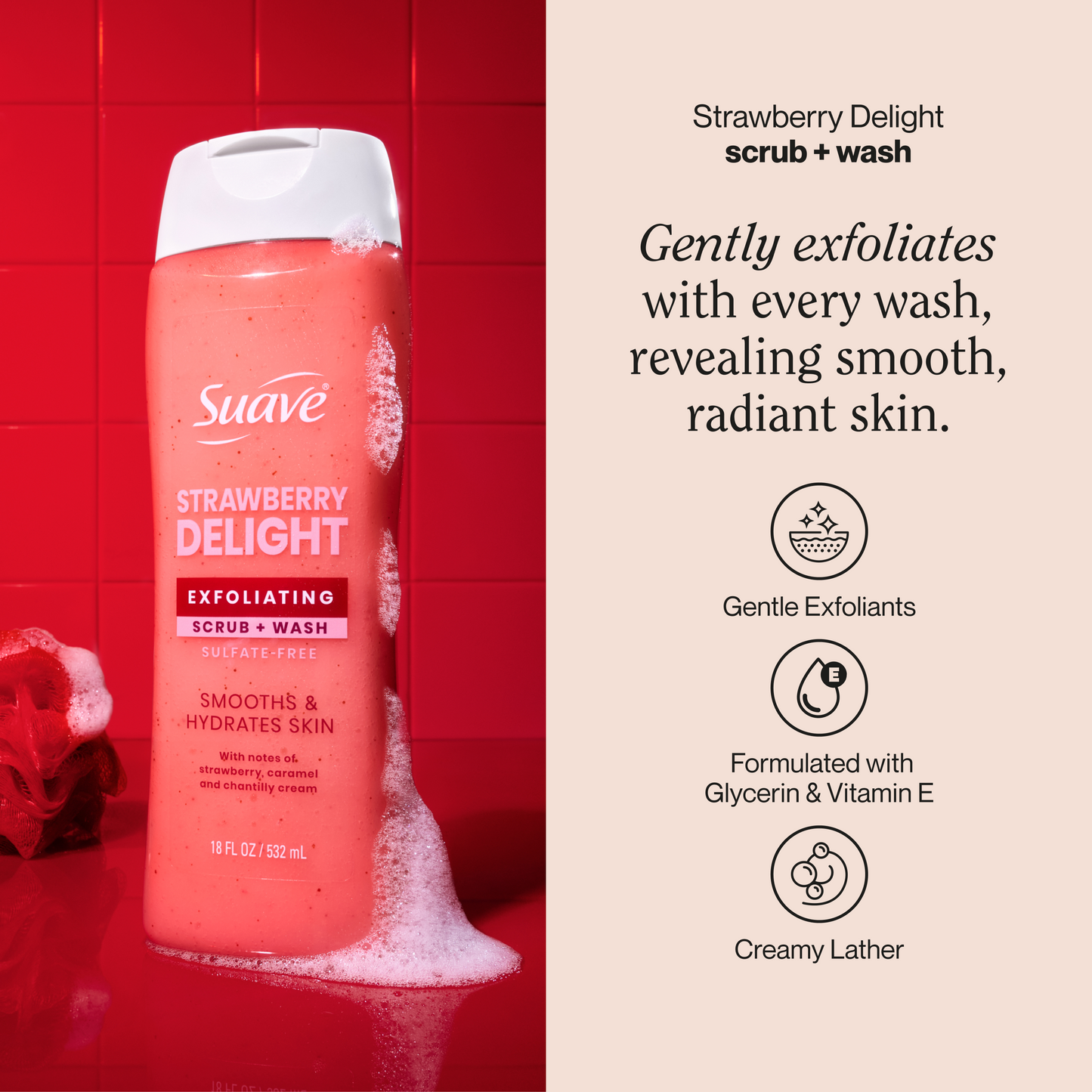 Suave Strawberry Delight Exfoliating Body Wash & Scrub with Glycerin & Vitamin E, Sulfate-Free Hydrating Cleanser for Soft, Smooth Skin, 18 FL OZ