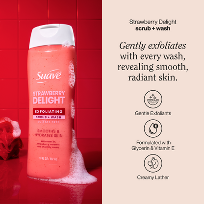 Suave Strawberry Delight Exfoliating Body Wash & Scrub with Glycerin & Vitamin E, Sulfate-Free Hydrating Cleanser for Soft, Smooth Skin, 18 FL OZ