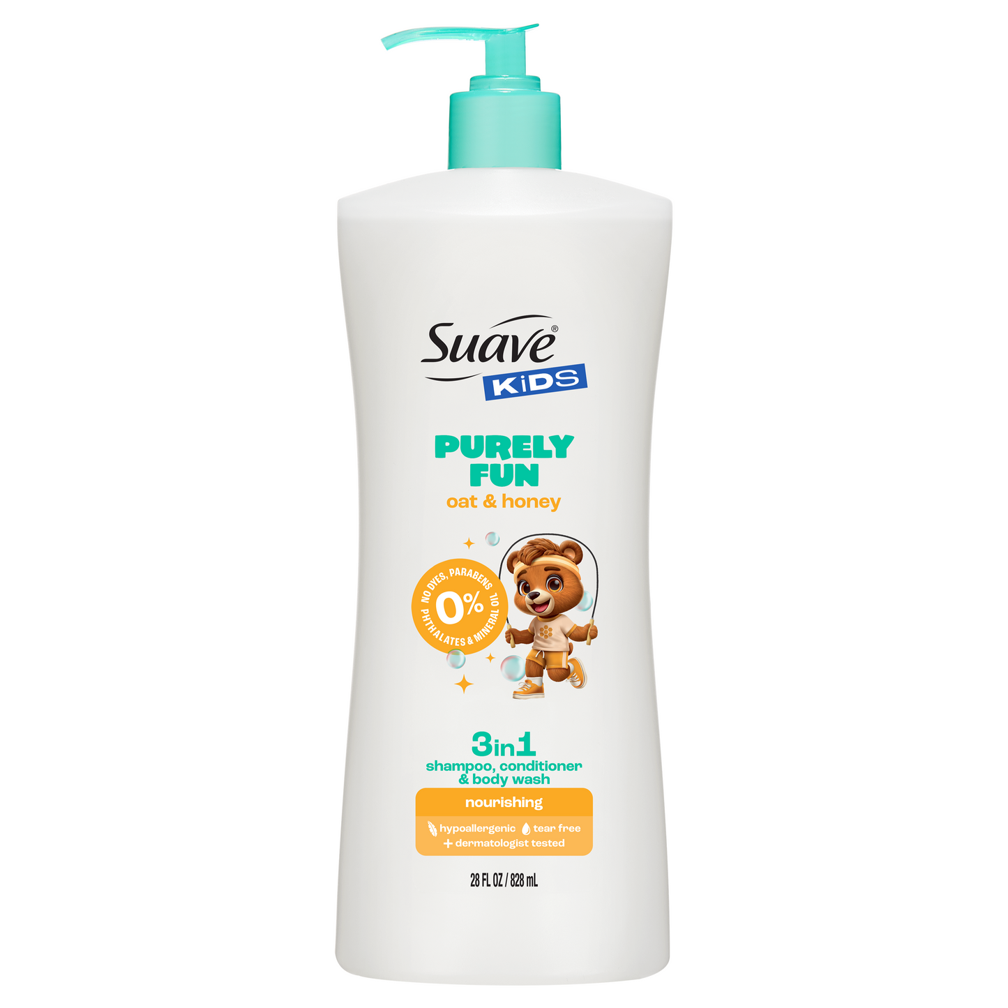 Suave Kids Purely Fun 3 in 1 Shampoo, Conditioner & Body Wash with Oat & Honey, Tear-Free, Hypoallergenic, Paraben & Dye Free, Gentle Hair Care for Kids, 28 FL OZ