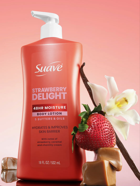 Suave Strawberry Delight Lotion benefit graphic