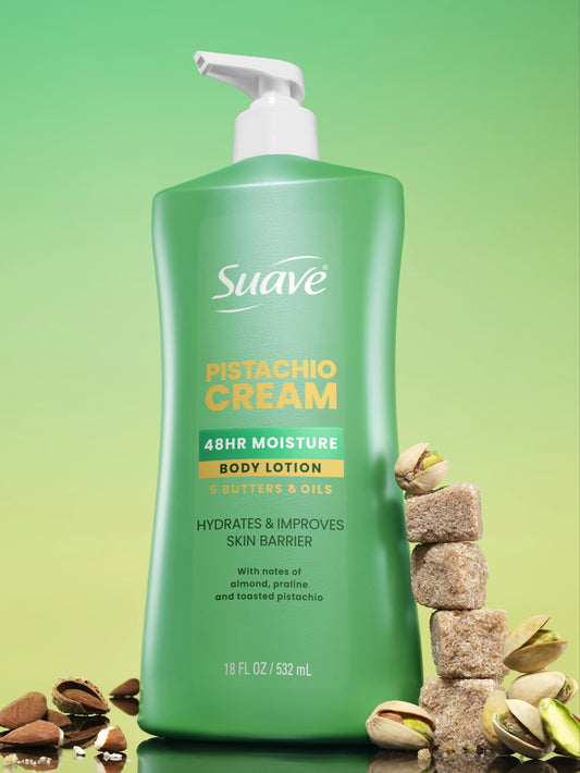 Suave Pistachio Cream body lotion bottle with almond and pistachio accents