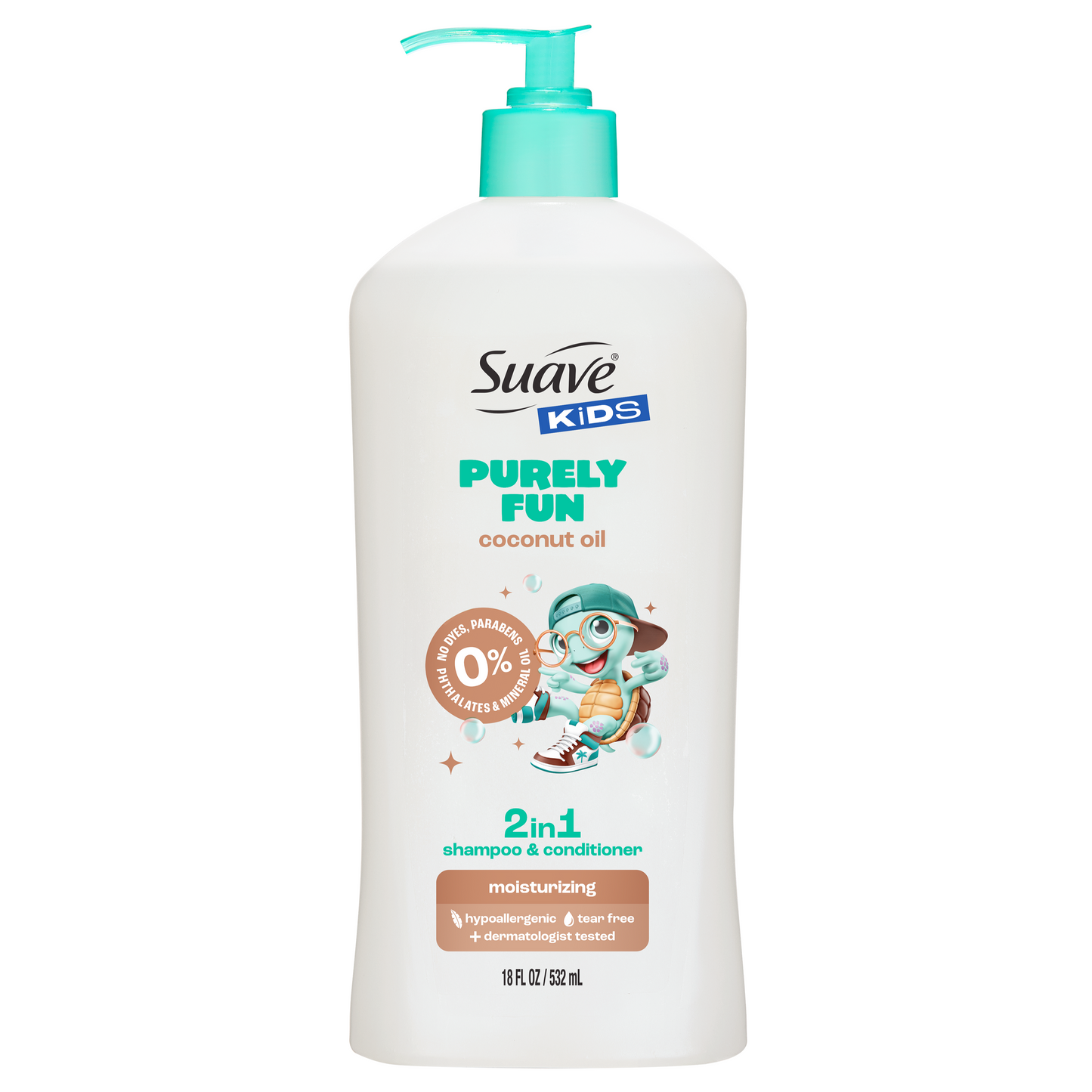 Suave Kids Purely Fun 2 in 1 Shampoo & Conditioner with Coconut Oil, Tear-Free, Hypoallergenic, Paraben & Dye Free, Gentle Hair Care for Kids