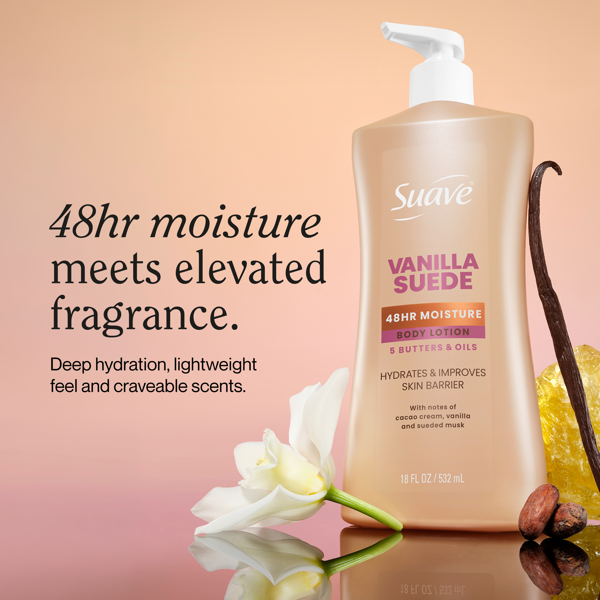 Vanilla suede body lotion bottle with pump, shown on a product label card