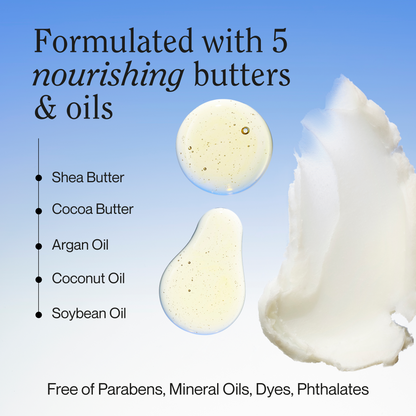 Ingredient graphic showing five nourishing butters and oils for vanilla suede lotion