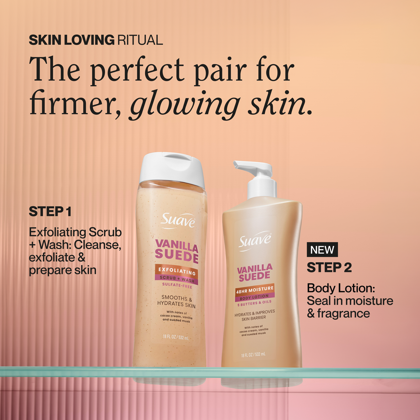 Vanilla suede body lotion pump bottle and another skincare bottle displayed
