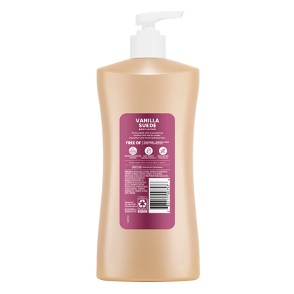 Vanilla suede body lotion pump bottle with back label details