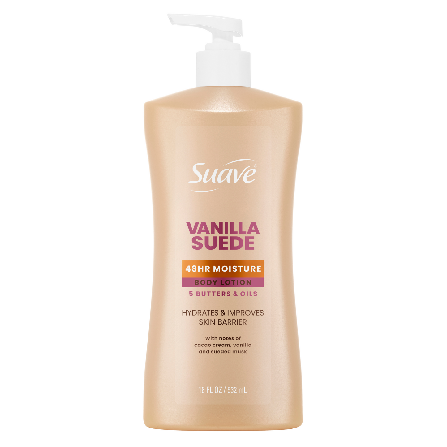 Vanilla suede body lotion pump bottle with front label