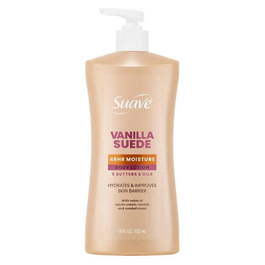 Vanilla suede body lotion pump bottle with front label