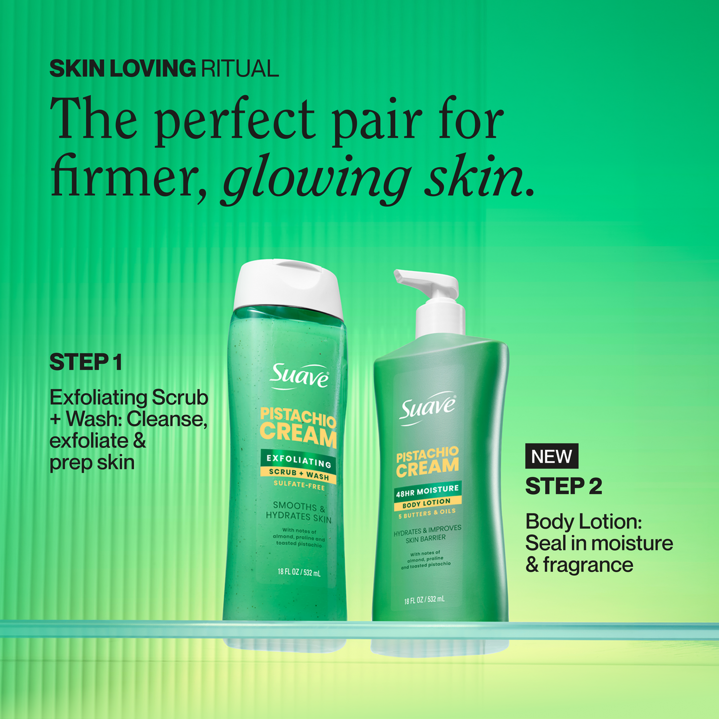 Pistachio cream body lotion bottle with pump, shown alongside a scrub and wash bottle