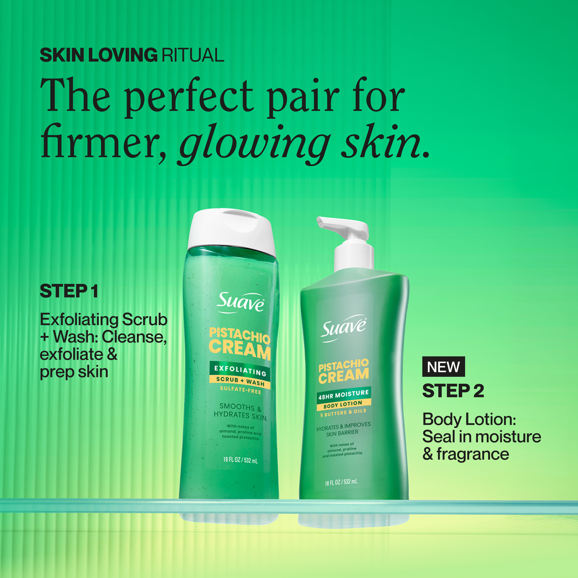 Pistachio cream body lotion bottle with pump, shown alongside a scrub and wash bottle