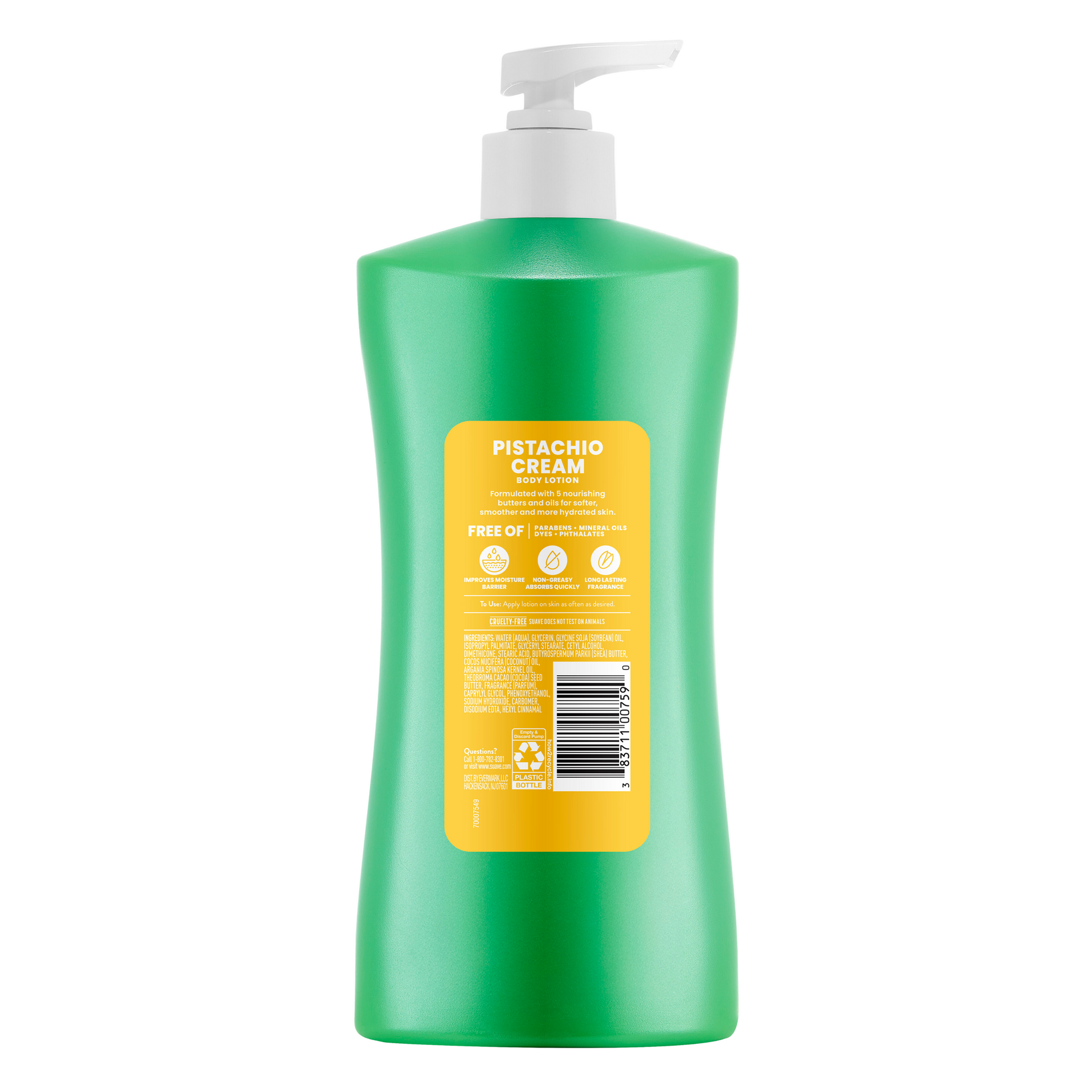 Back view of green pistachio cream body lotion bottle with pump and yellow label