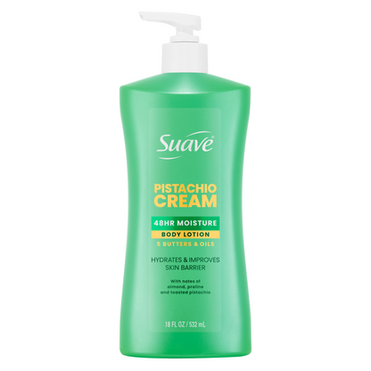 Suave Pistachio Cream 48H Moisture Body Lotion in a green pump bottle
