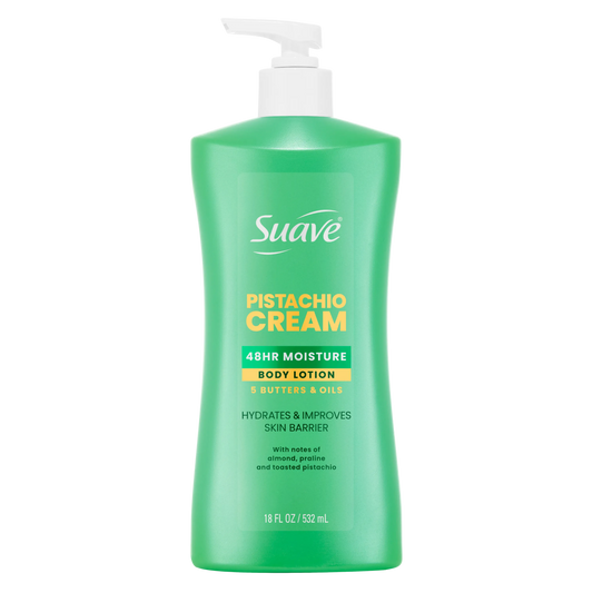 Suave Pistachio Cream 48H Moisture Body Lotion in a green pump bottle