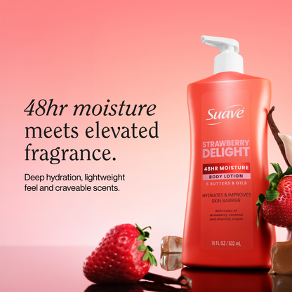 Strawberry Delight 48hr moisture body lotion pump bottle in red with strawberries