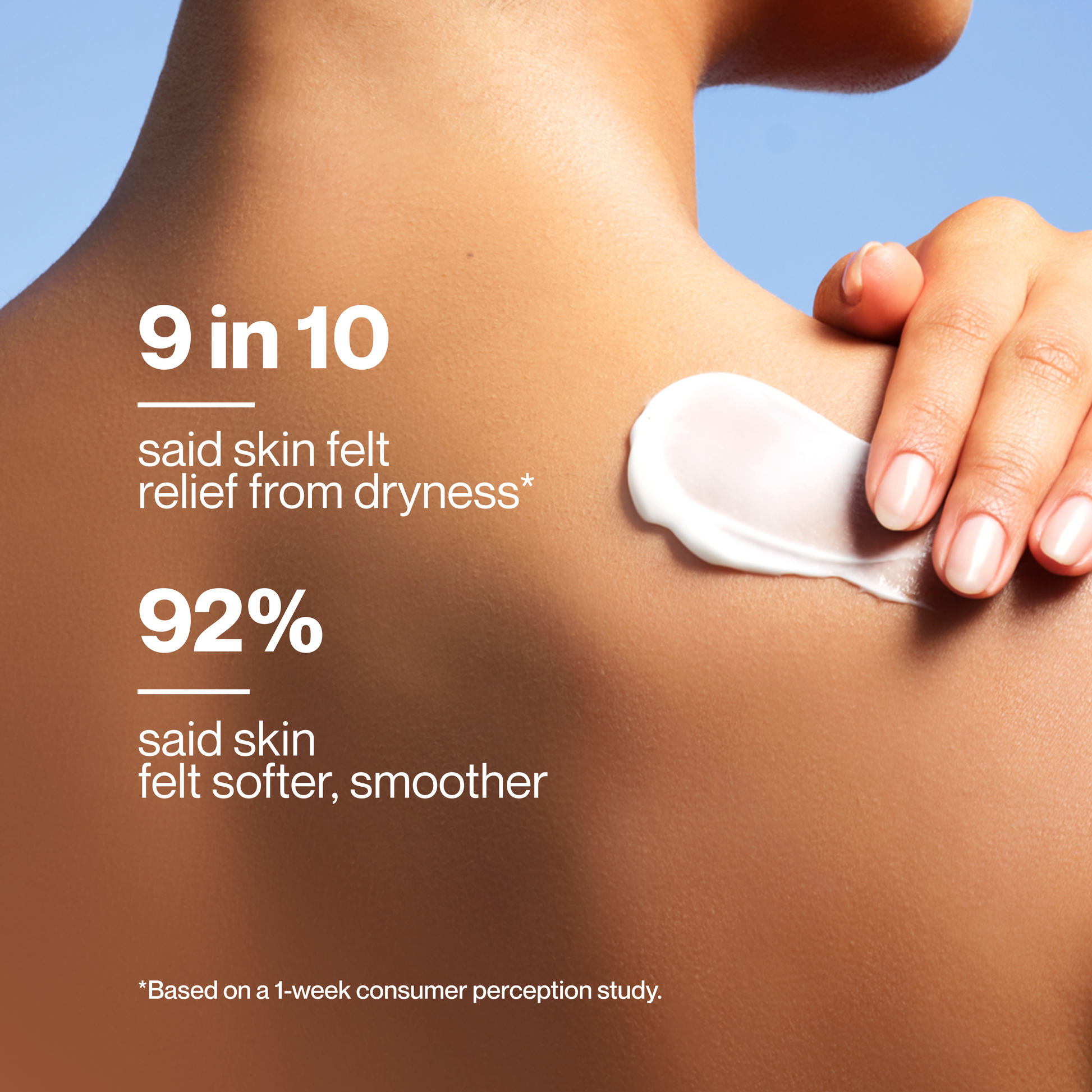 Moisturizing body lotion applied to arm with a white cream swipe