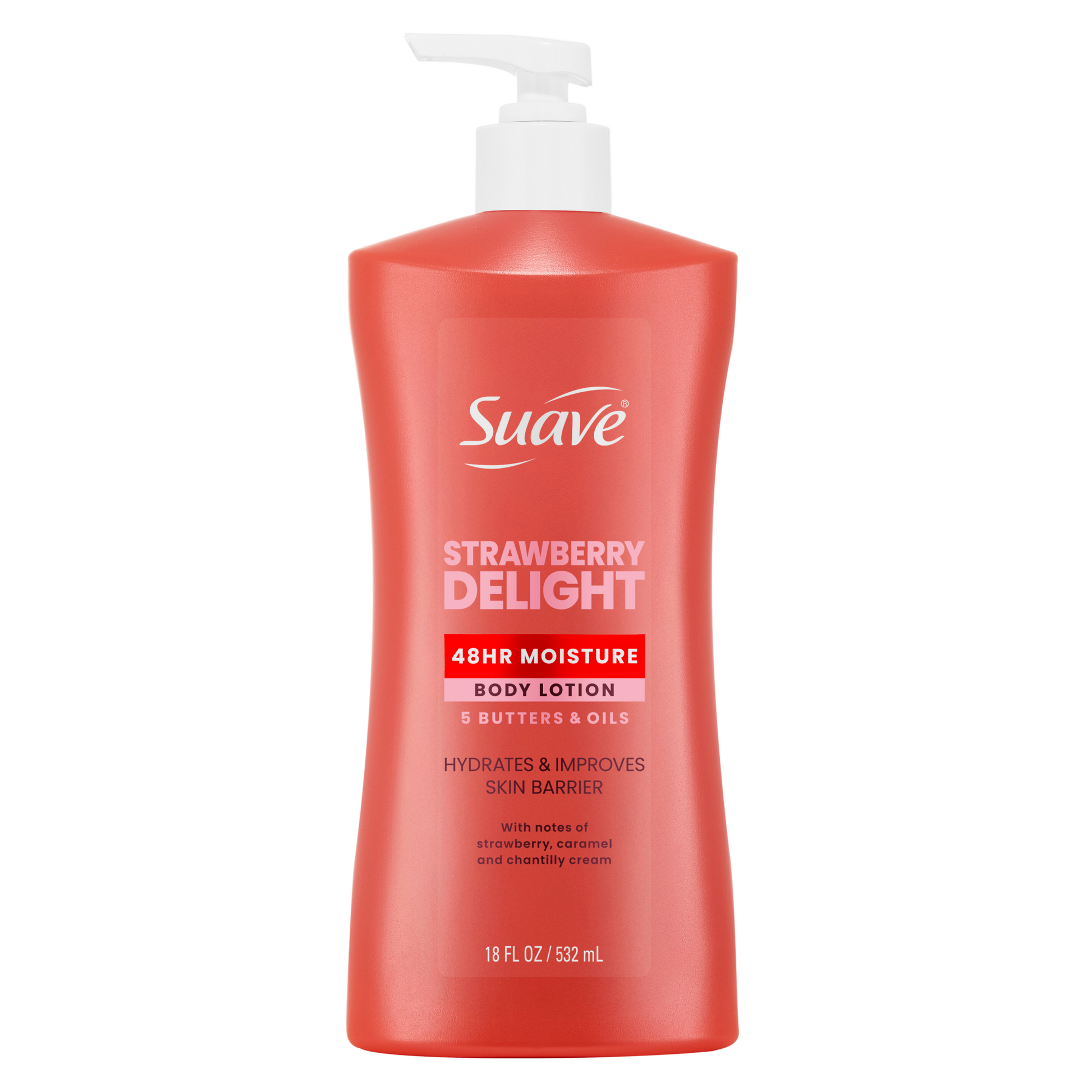 Front view of Suave Strawberry Delight body lotion pump bottle in red