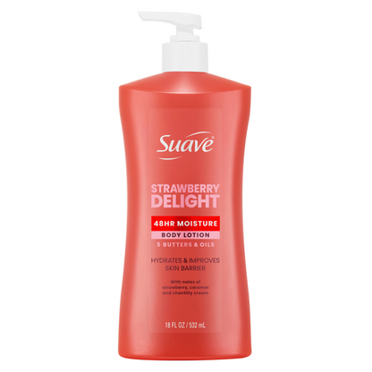 Front view of Suave Strawberry Delight body lotion pump bottle in red