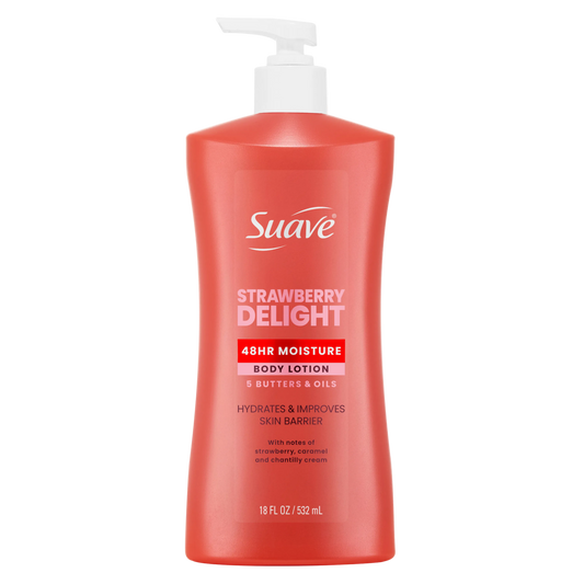 Front view of Suave Strawberry Delight body lotion pump bottle in red