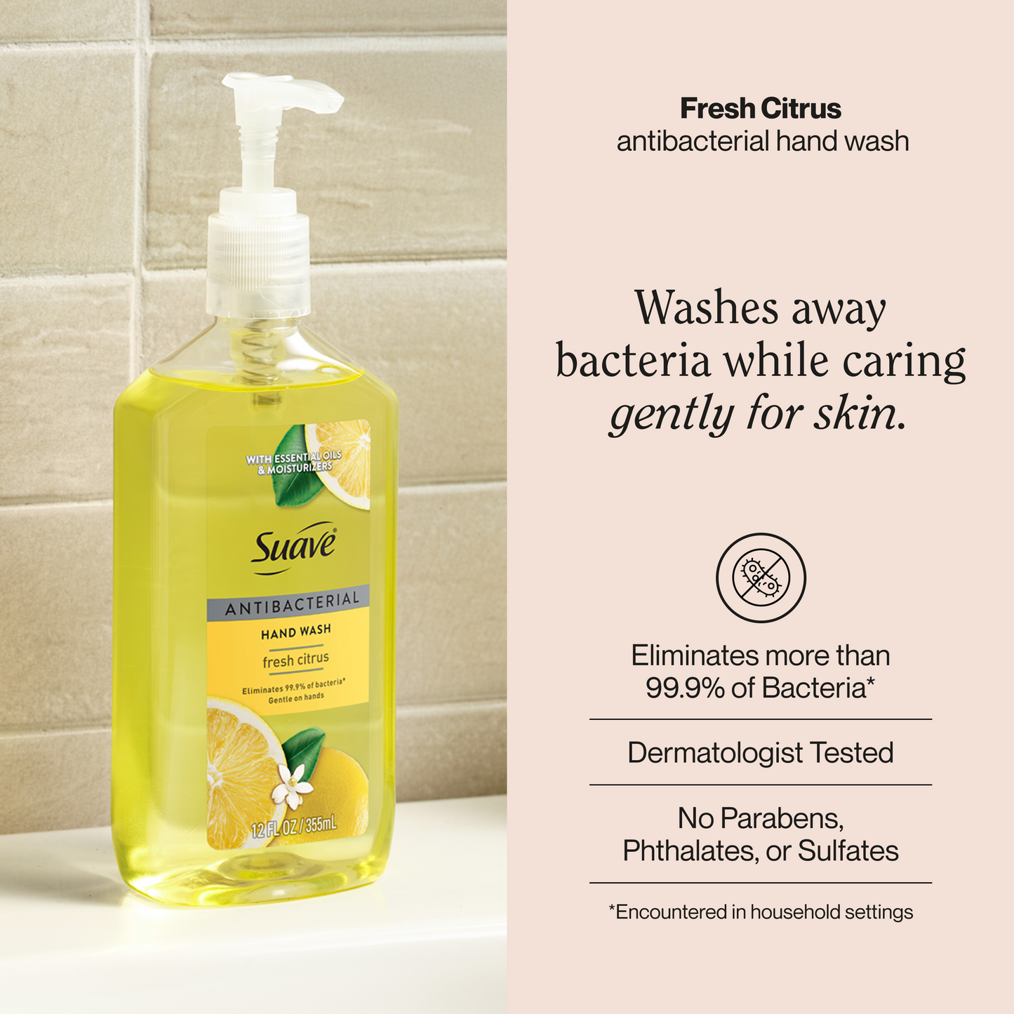 Suave Antibacterial Hand Wash, Fresh Citrus Scent, Kills 99.9% of Bacteria, Gentle & Moisturizing Liquid Soap for Kitchen & Bathroom, 12 FL OZ