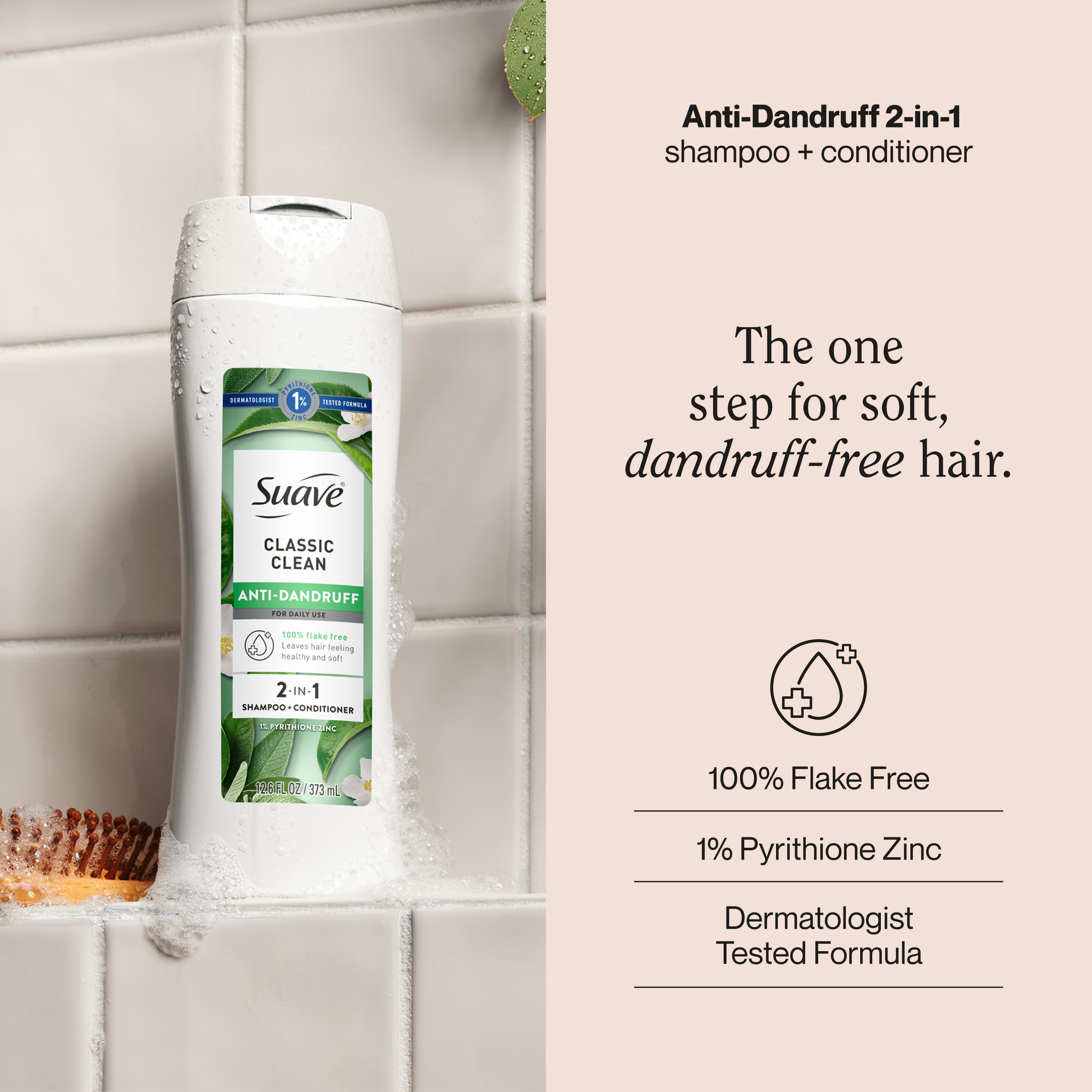 Suave Anti Dandruff 2 IN 1 Shampoo & Conditioner For Women, Classic Clean, 1% Pyrithione Zinc, Controls Flakes, Itch & Dry Scalp, 12.6 FL OZ