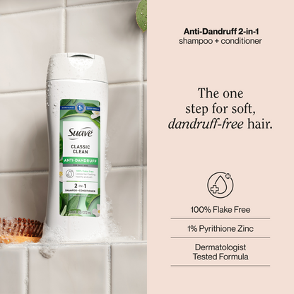 Suave Anti Dandruff 2 IN 1 Shampoo & Conditioner For Women, Classic Clean, 1% Pyrithione Zinc, Controls Flakes, Itch & Dry Scalp, 12.6 FL OZ