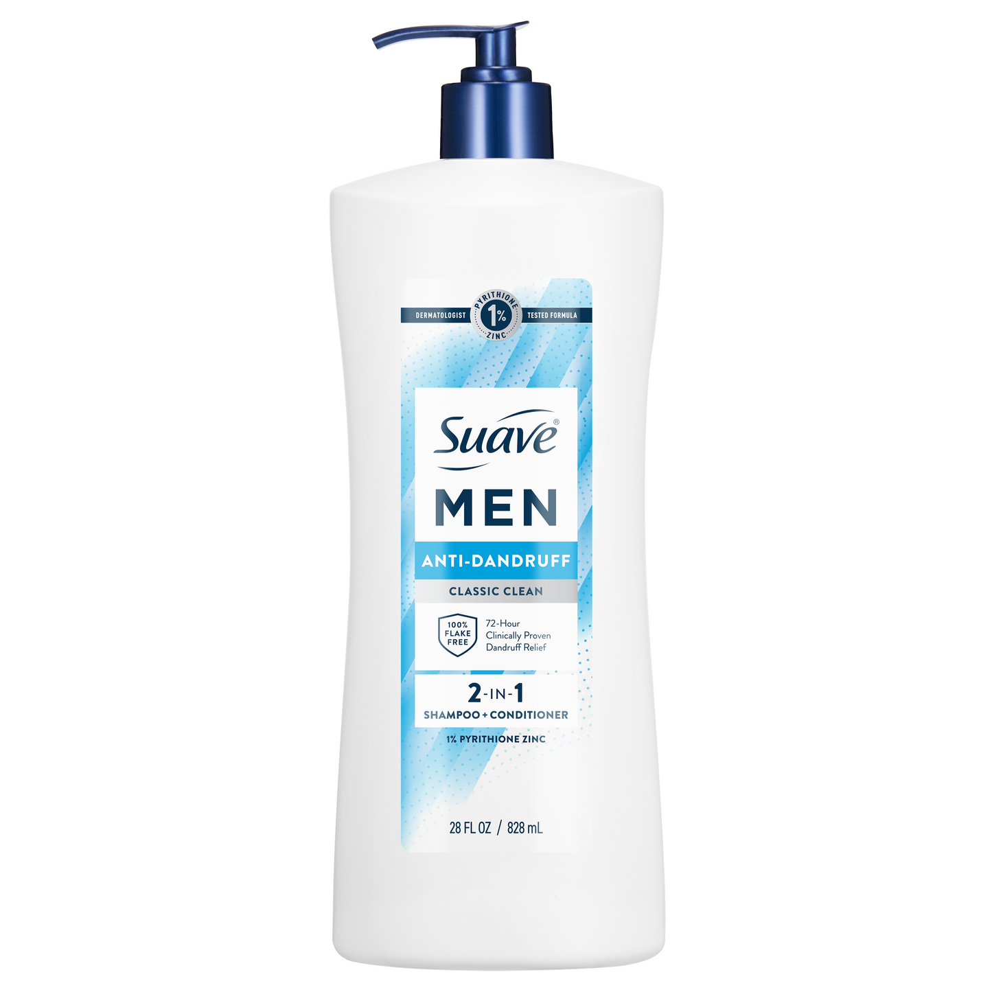 Suave Men 2 IN 1 Anti Dandruff Shampoo & Conditioner, Classic Clean, 72-HR Flake Control, 1% Pyrithione Zinc, Relieves Itchy & Dry Scalp, 28 FL OZ