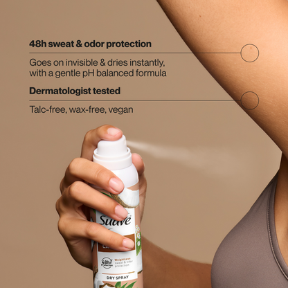 Suave Coconut Cashmere Dry Spray Antiperspirant Deodorant, 48 HR Weightless Sweat & Odor Protection, Invisible, Talc Free, Wax Free, Vegan, 3.8 OZ