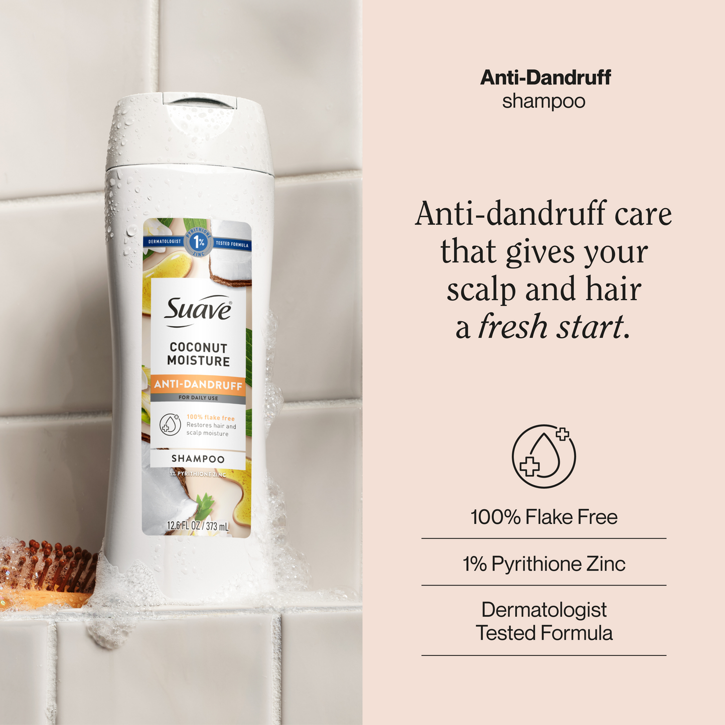 Suave Anti Dandruff Shampoo For Women, Coconut Moisture, 1% Pyrithione Zinc, Controls Flakes, Itch & Dry Scalp, Restores Moisture to Hair & Scalp, 12.6 FL OZ