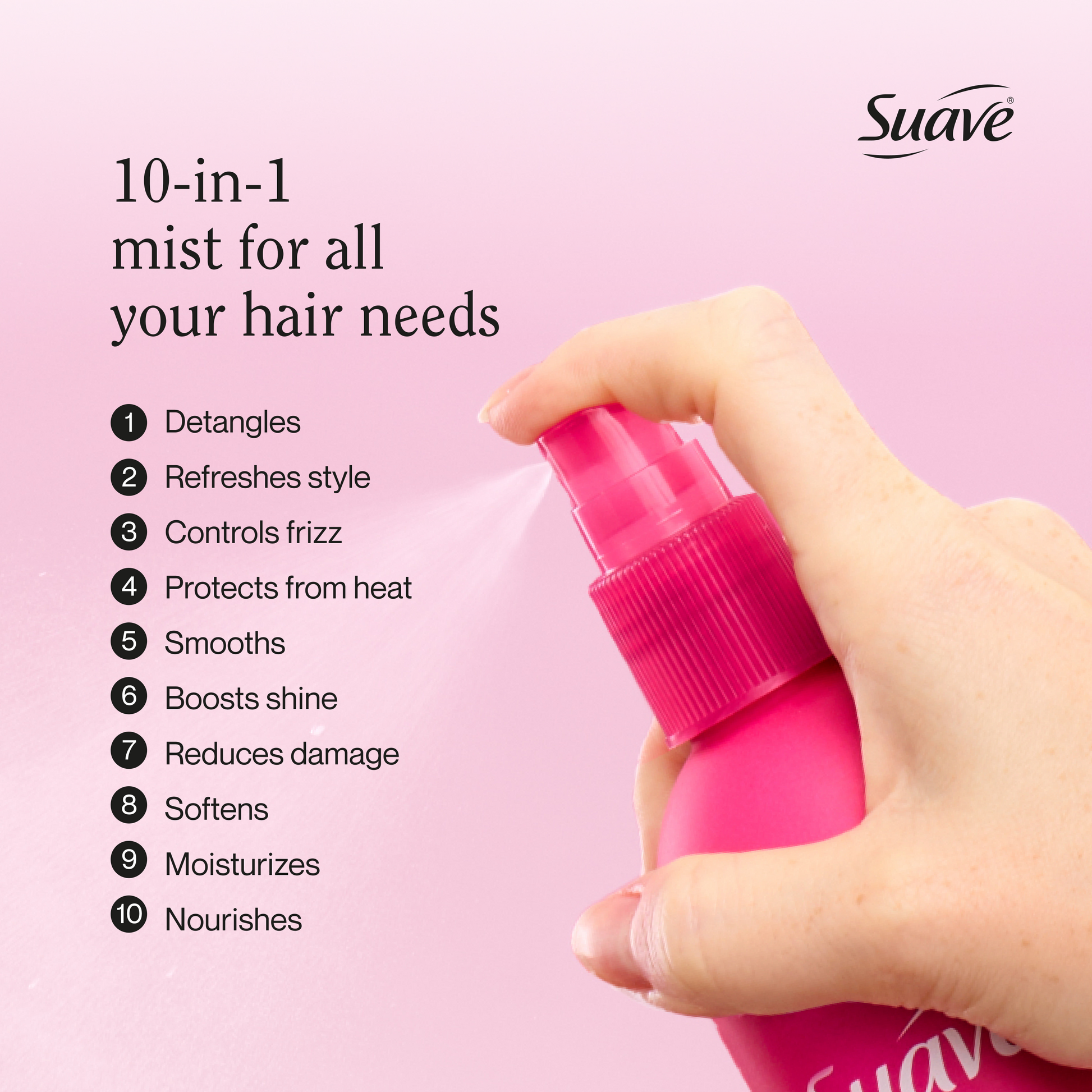 Suave All In One Magic Mist Leave In Spray For Women, Detangles, Hydrates & Refreshes Hair, Controls Frizz, Scented, All Hair Types, 11 FL OZ