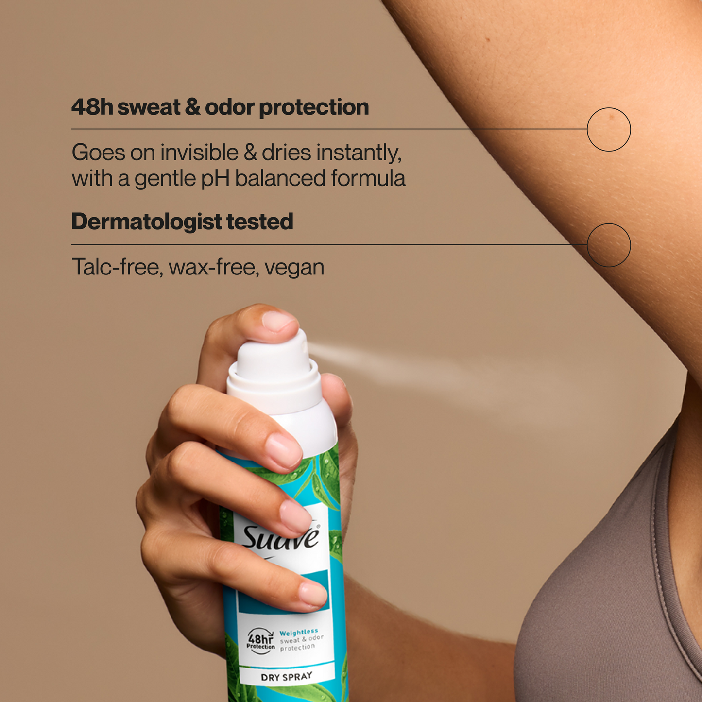 Suave Purely Clean Dry Spray Antiperspirant Deodorant, 48 HR Weightless Sweat & Odor Protection, Invisible, Talc Free, Wax Free, Vegan, 3.8 OZ