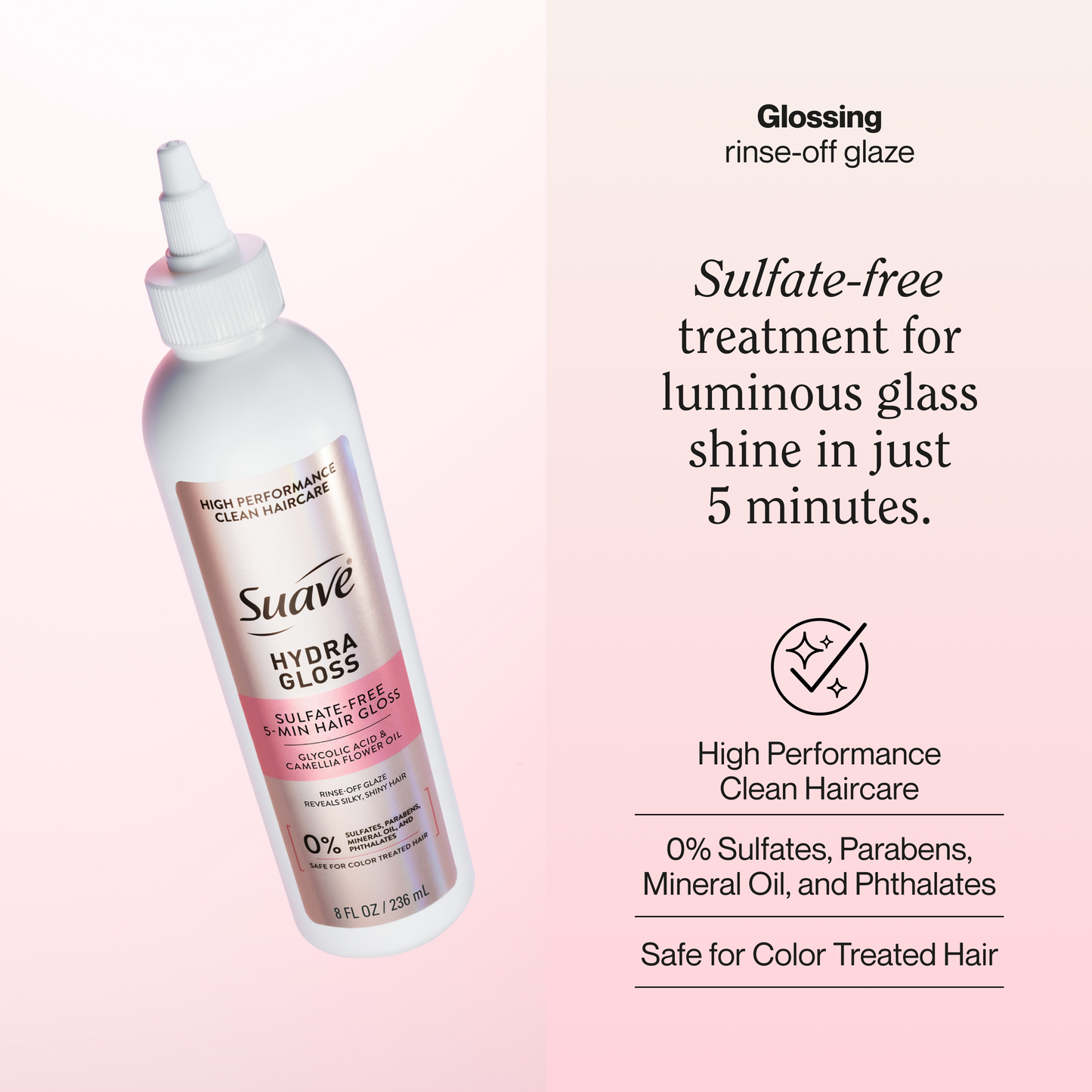 Suave Hydra Gloss Sulfate-Free 5-Min Hair Gloss with Glycolic Acid & Camellia Flower Oil, Rinse-Off Glaze for Silky, Shiny Hair, 8 FL OZ