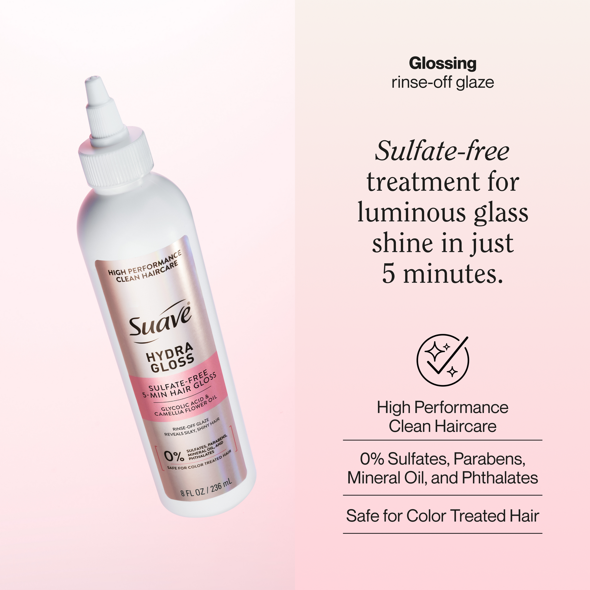 Suave Hydra Gloss Sulfate-Free 5-Min Hair Gloss with Glycolic Acid & Camellia Flower Oil, Rinse-Off Glaze for Silky, Shiny Hair, 8 FL OZ