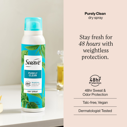 Suave Purely Clean Dry Spray Antiperspirant Deodorant, 48 HR Weightless Sweat & Odor Protection, Invisible, Talc Free, Wax Free, Vegan, 3.8 OZ