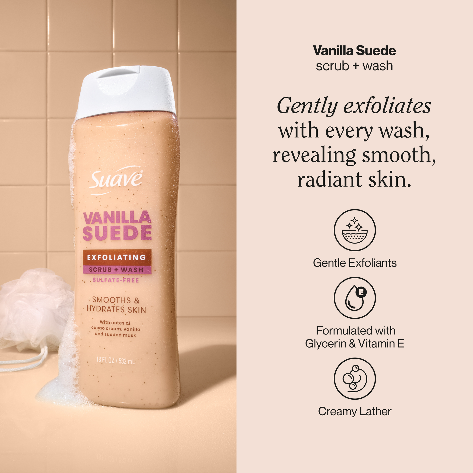 Suave Vanilla Suede Exfoliating Body Wash & Scrub with Glycerin & Vitamin E, Sulfate-Free Hydrating Cleanser for Soft, Smooth Skin, 18 FL OZ