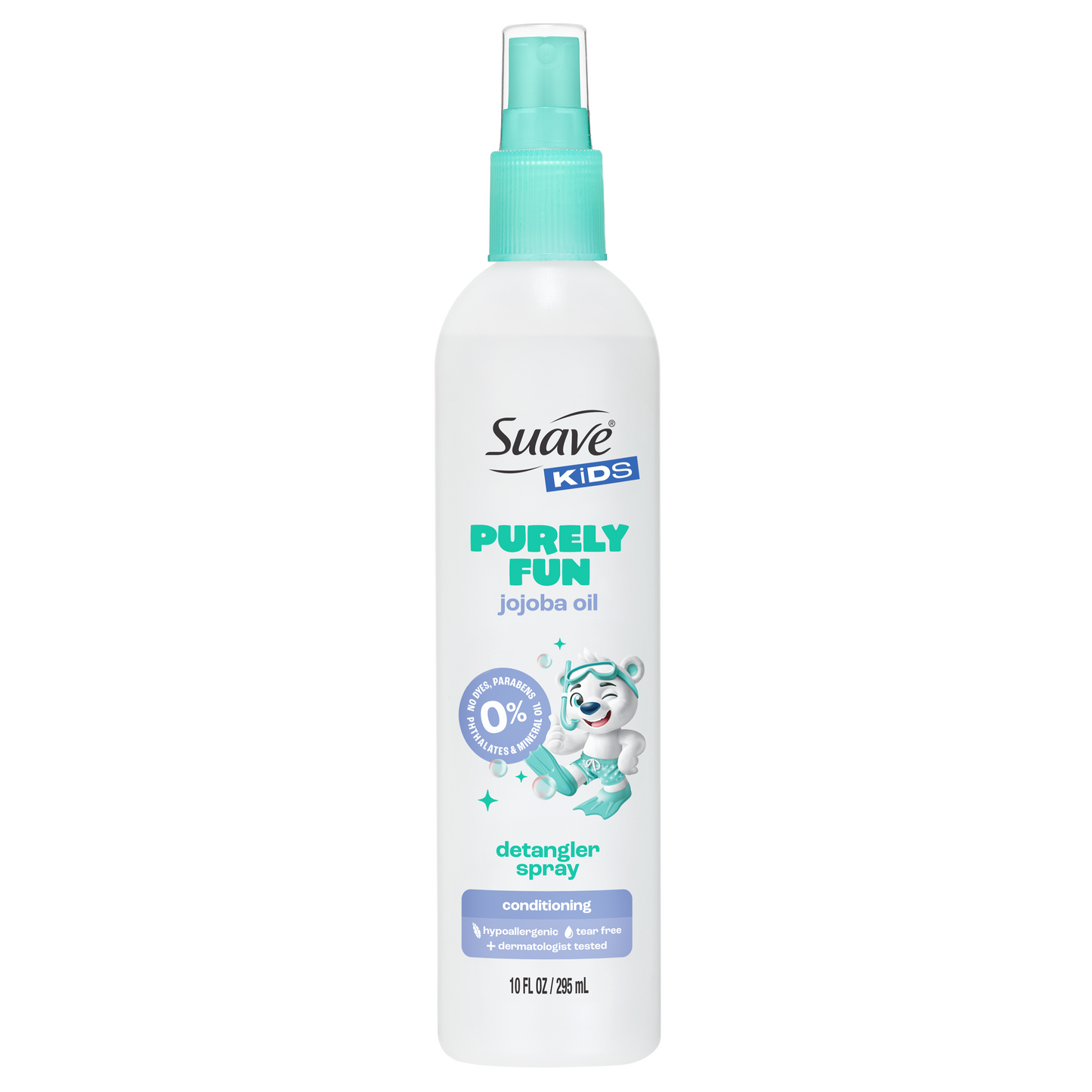 Suave Kids Purely Fun Hair Detangler Spray with Jojoba Oil, Tear-Free, Tangle-Free Shine for Soft, Manageable Hair, Hypoallergenic, 10 FL OZ